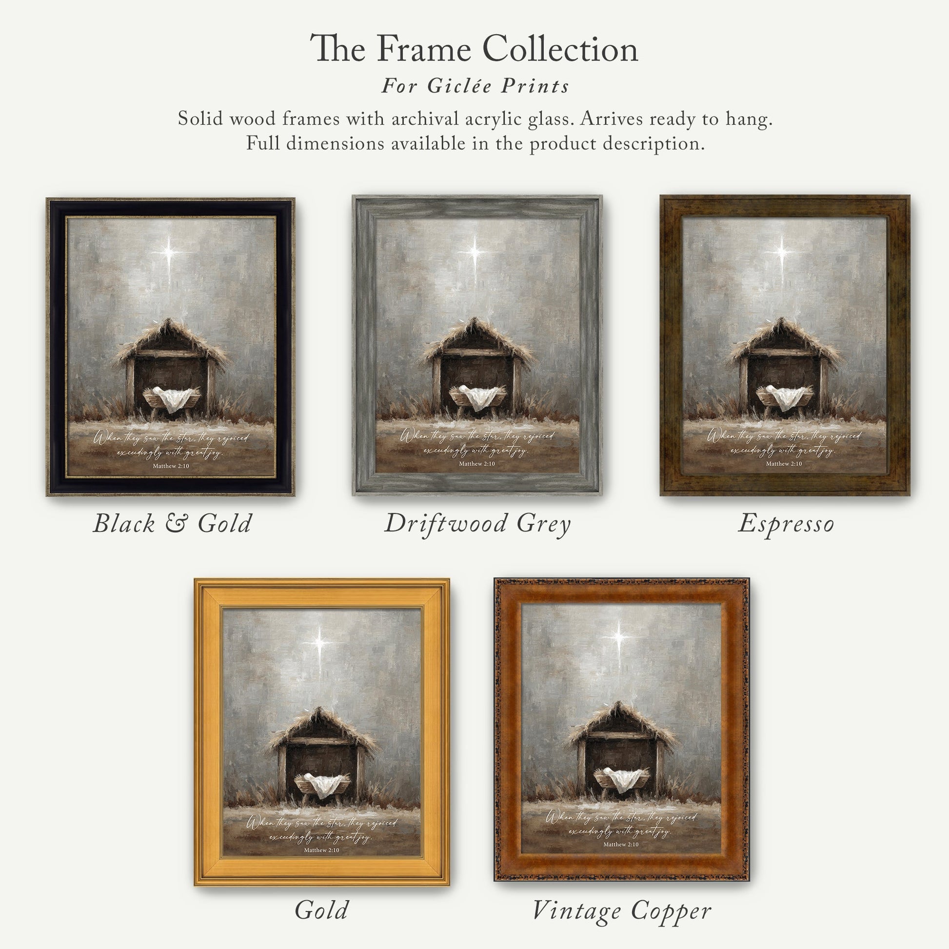 The image is a collection of five framed prints, each with a different color and frame style, showcasing the various options available for purchasing or displaying the prints.