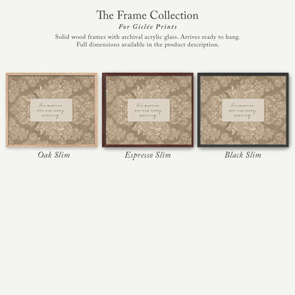 The image is a collection of three solid wood frames with archival acrylic glass, each with a label that reads "His merci est every morning". The frames are available in different sizes and colors, including Oak Slim, Espresso Slim, and Black Slim.