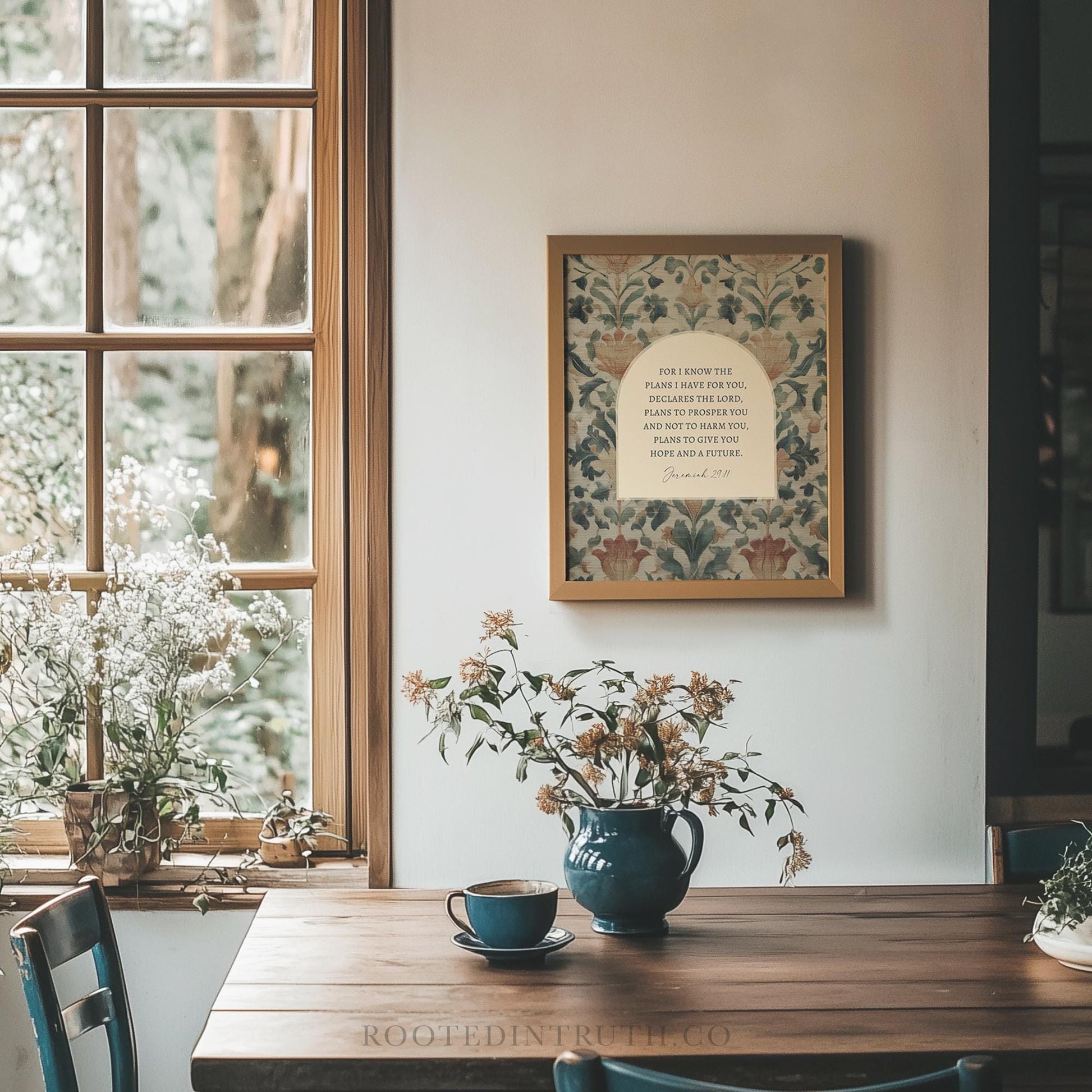 a cozy dining area with a wooden table, a blue vase with flowers, and a framed quote on the wall. The room has a window overlooking a wooded area, and there are potted plants and a teapot on the table.