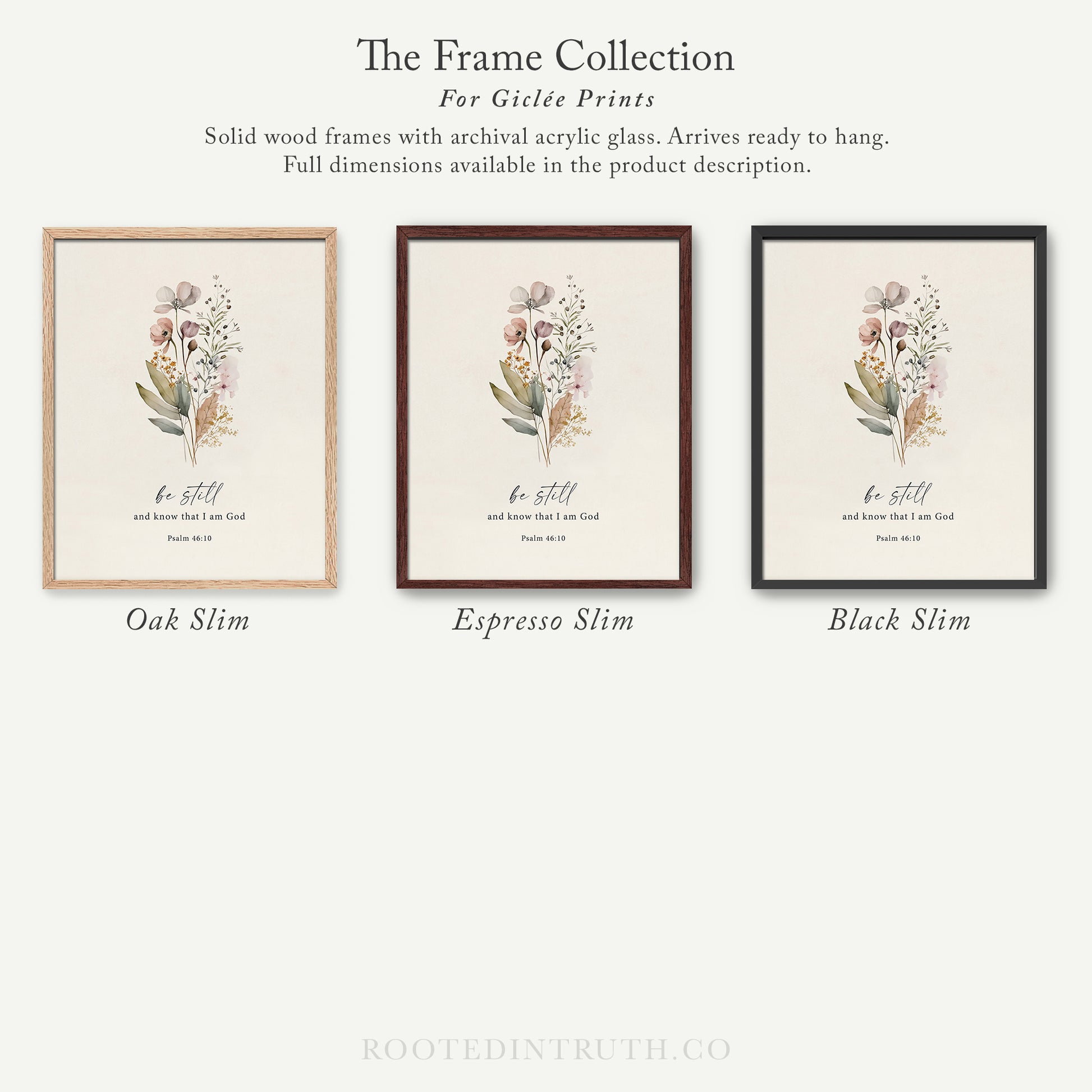 The image is a collection of three framed prints, each with a different floral design and color. The text above the prints reads "The Frame Collection For Girlette Prints" and below the prints, it says "Solid wood frames with archival acrylic glass. Arrives ready to hang. Full dimensions available in the product description."