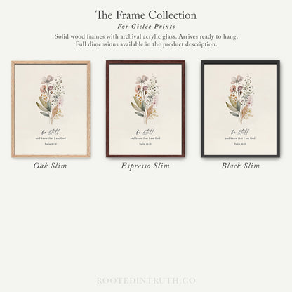 The image is a collection of three framed prints, each with a different floral design and color. The text above the prints reads "The Frame Collection For Girlette Prints" and below the prints, it says "Solid wood frames with archival acrylic glass. Arrives ready to hang. Full dimensions available in the product description."