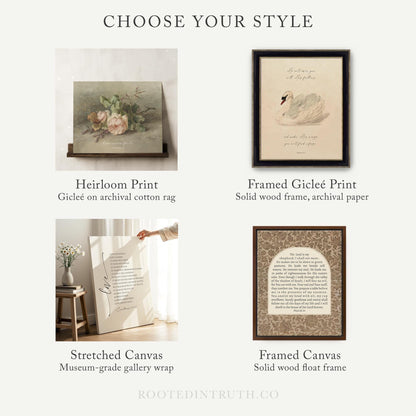 The image is a collage of five different print options, including a paper print, framed paper print, rolled canvas print, stretched canvas print, and framed canvas print. Each print option has a unique design and presentation, showcasing various styles and materials.