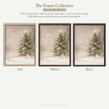 The image is a collection of three framed prints depicting a snowy landscape with a Christmas tree. The frames are solid wood and have archival acrylic glass, which allows them to be hung and provides full dimensions in the product description.