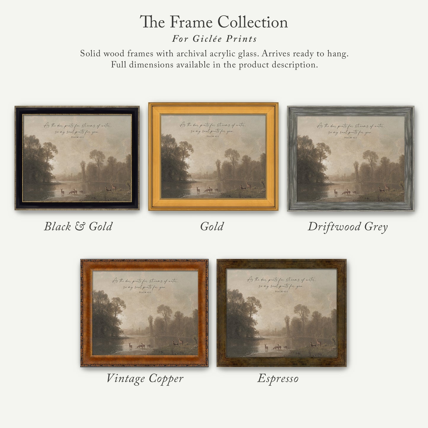 The image is a collection of five framed prints, each with a different color and frame style, showcasing various artistic interpretations of a landscape scene.