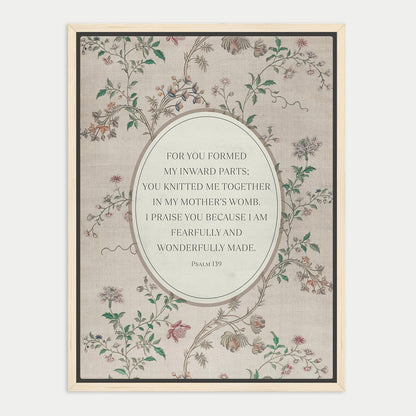The image is a framed print featuring a floral pattern and a Bible verse from Psalm 139.