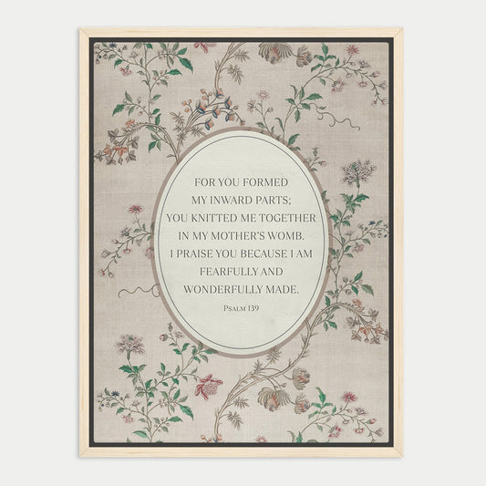 The image is a framed print featuring a floral pattern and a Bible verse from Psalm 139.