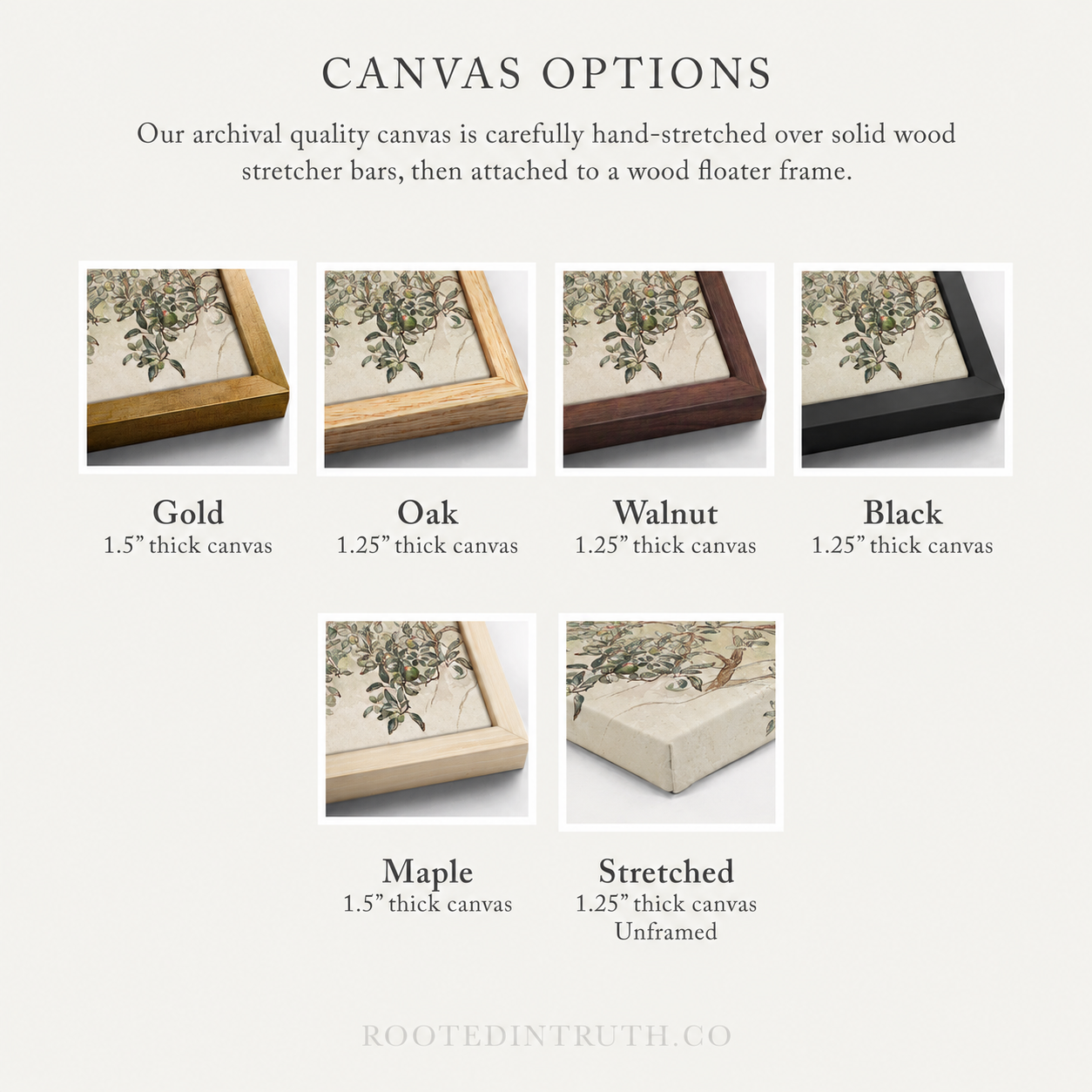 a collection of six different canvas options, each with varying thicknesses and frames, showcasing the available choices for a high-quality, hand-stretched canvas.
