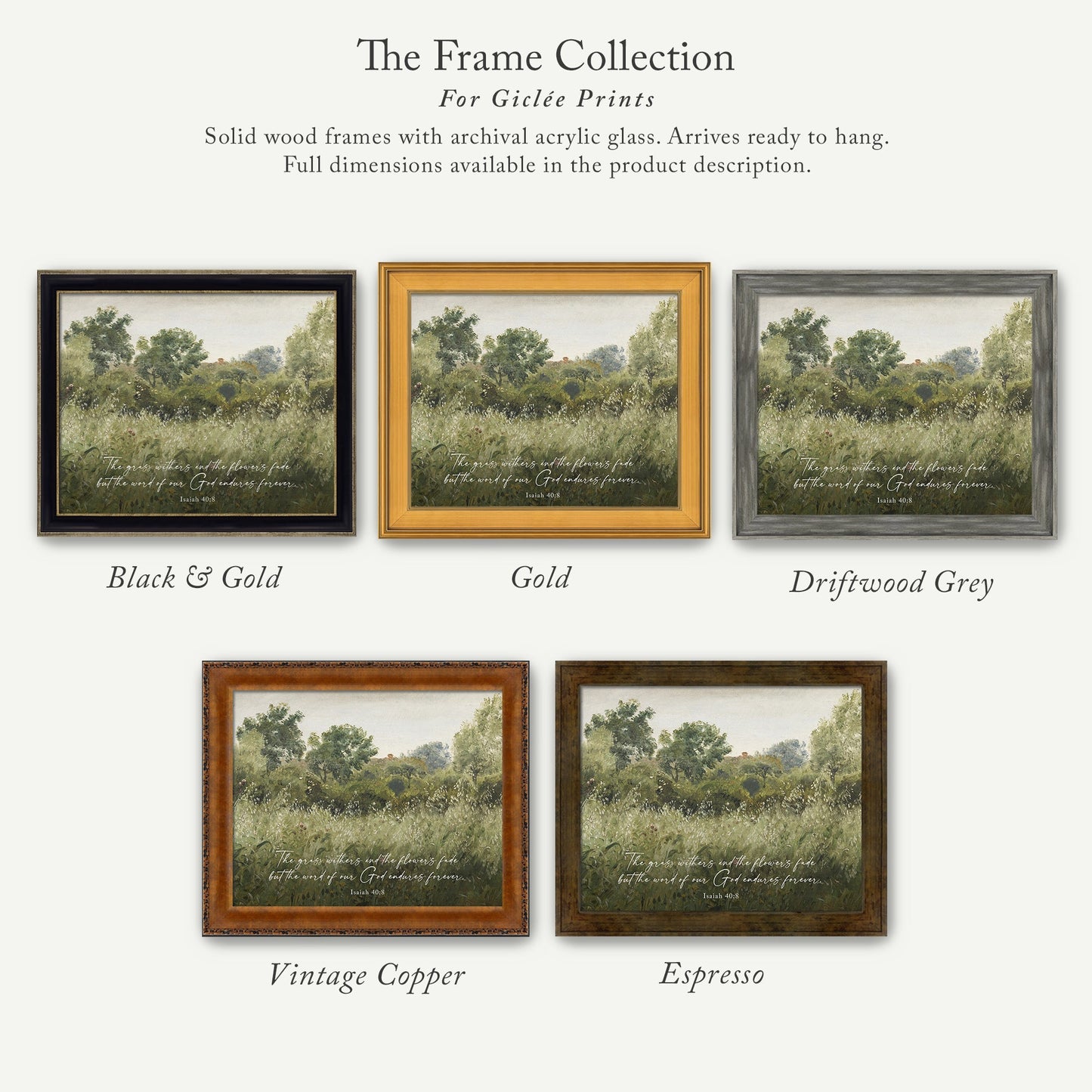 The image is a collection of five framed prints, each with a different color and frame style, showcasing various landscapes and scenes.