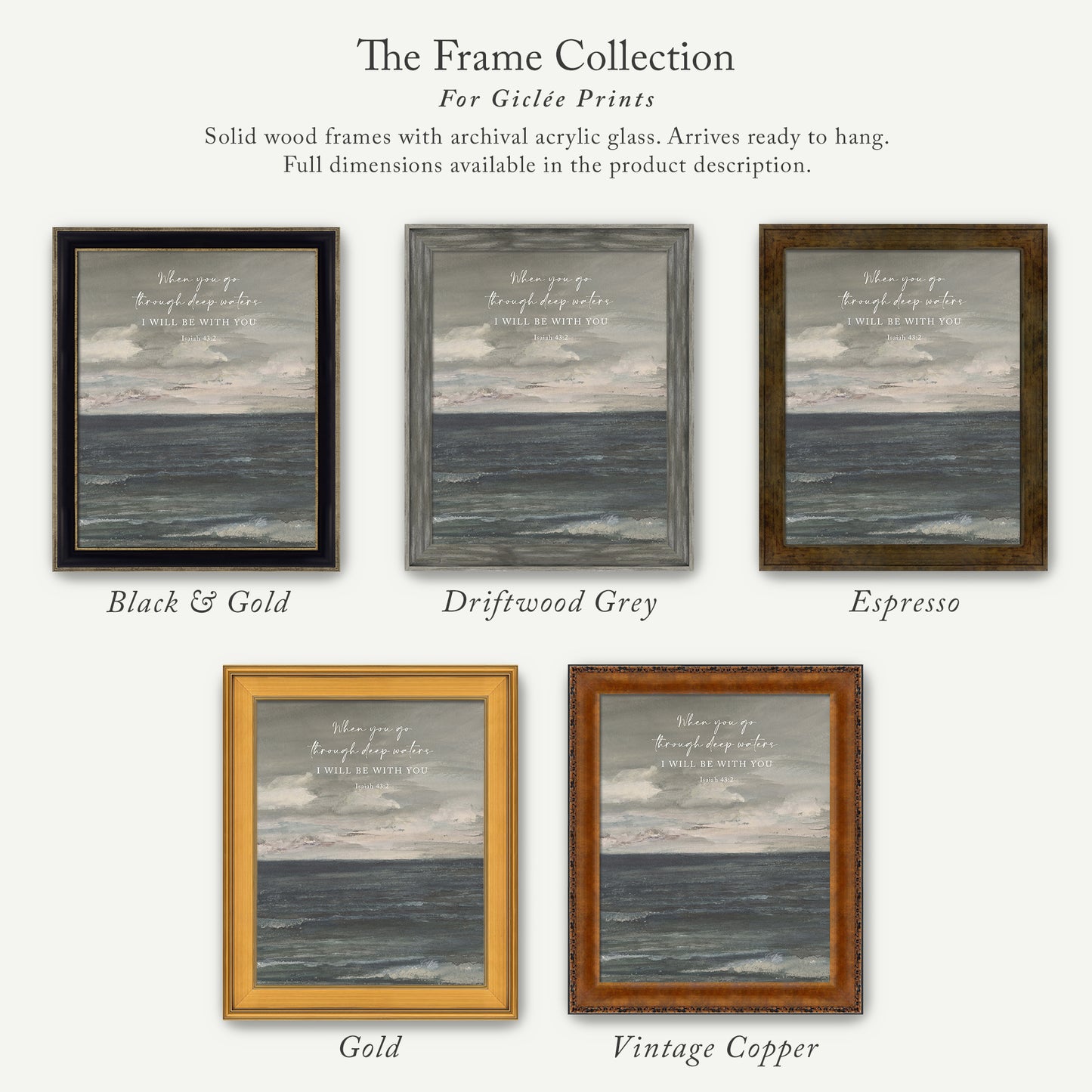 The image is a collection of five framed prints, each with a different color and frame style, showcasing the various options available for purchasing or displaying artwork.
