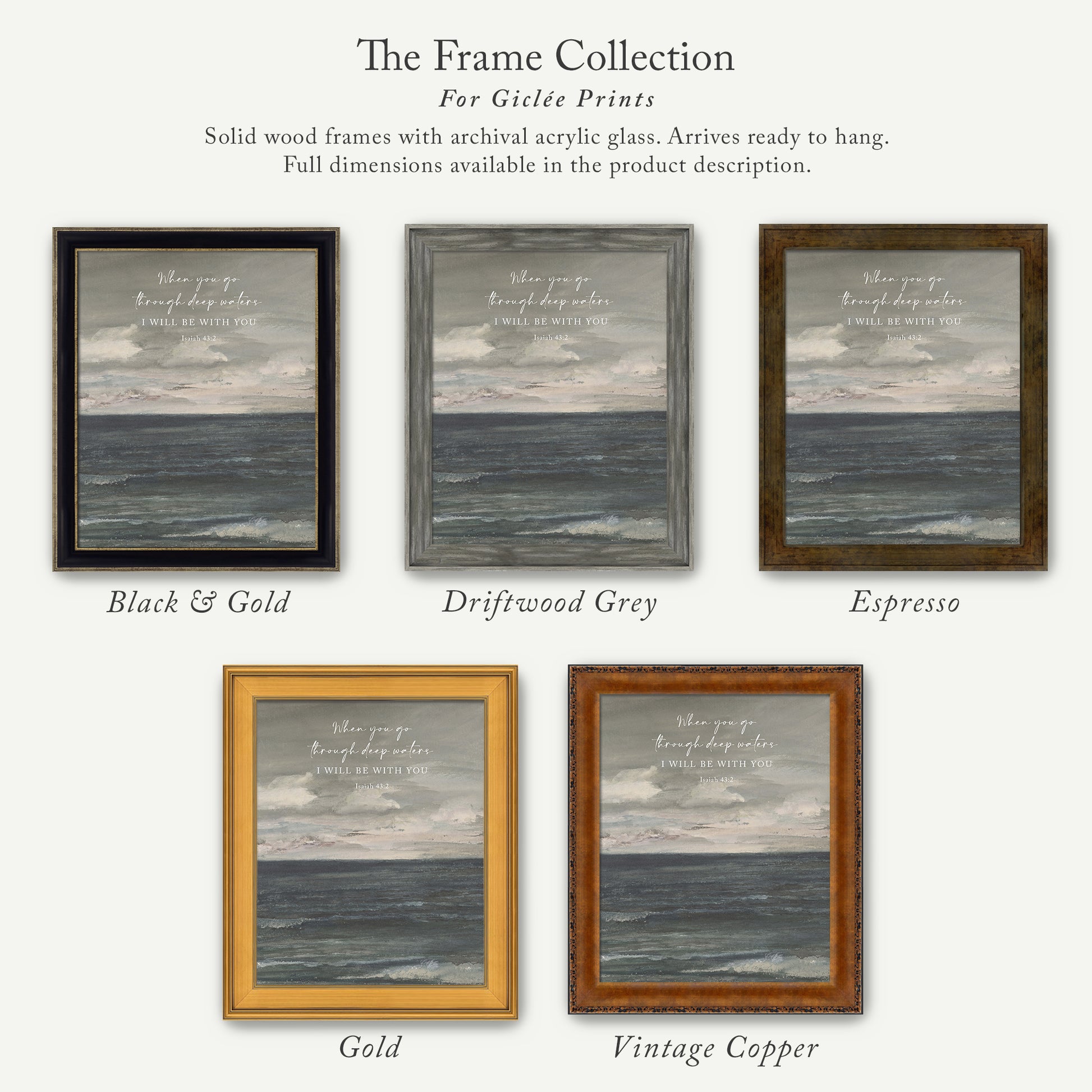 The image is a collection of five framed prints, each with a different color and frame style, showcasing the various options available for purchasing or displaying artwork.
