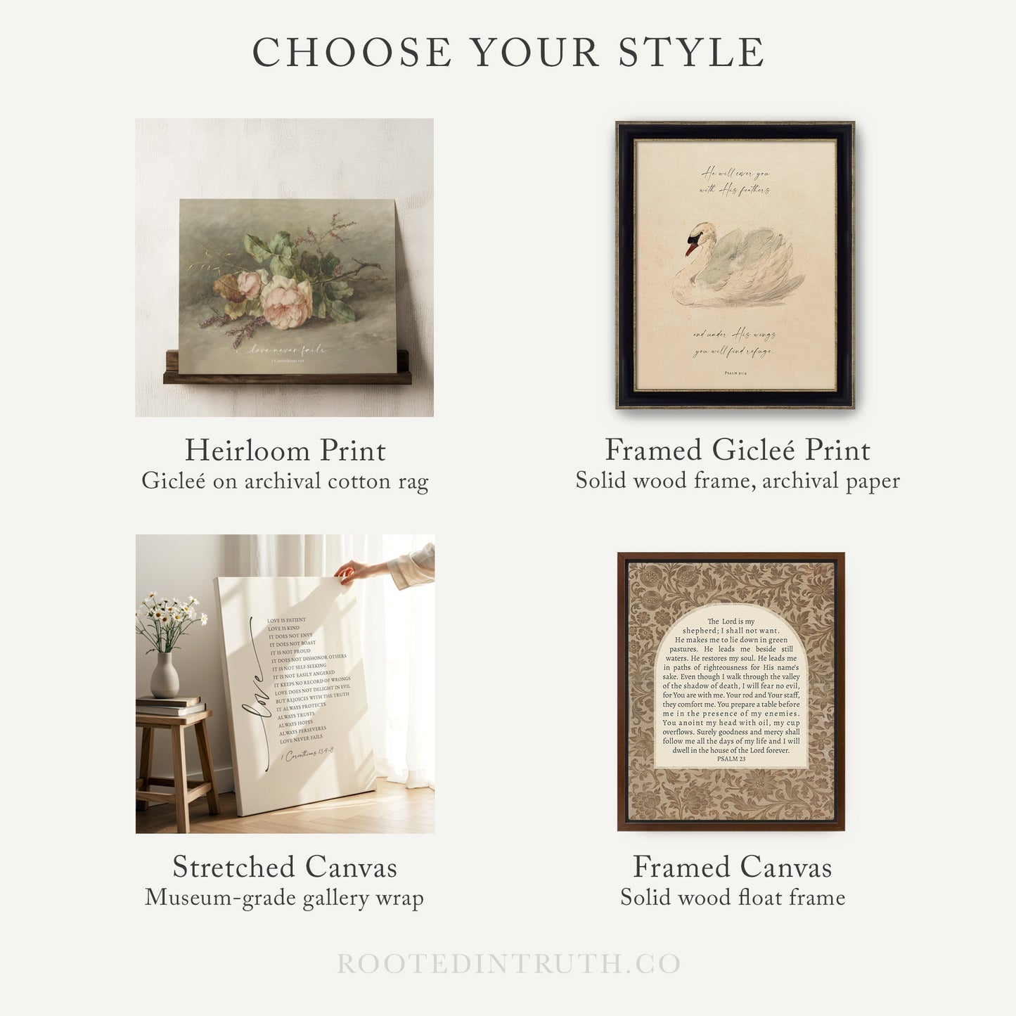 four different artworks and frames, each with unique styles and characteristics. The artworks include a Heirloom Print, astretched Canvas, a framed Giraffe Print, and a framed Canvas. The frames are solid wood frames, and the artworks are displayed on a wall.