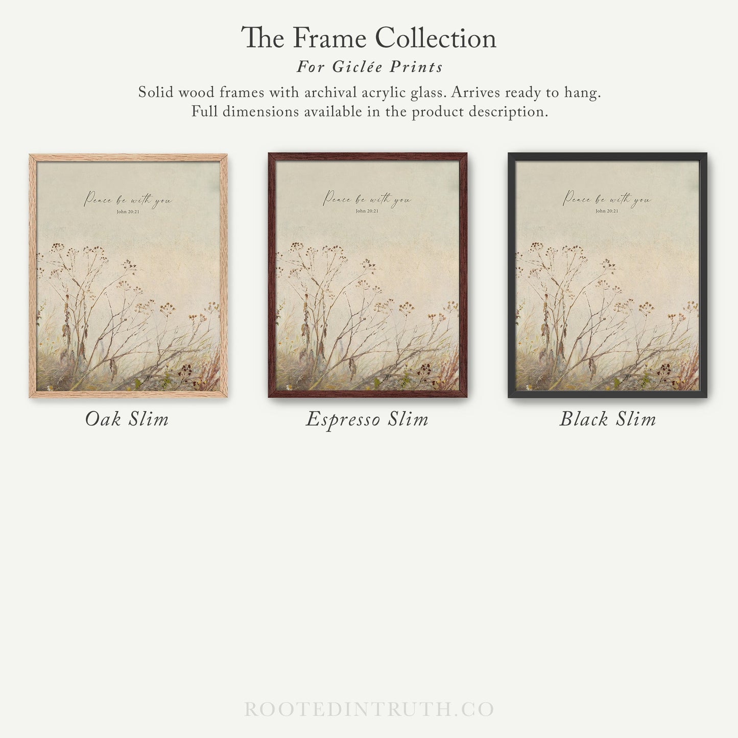 The image is a collection of three framed prints, each with a different frame color and style, showcasing the variety of options available for purchasing.