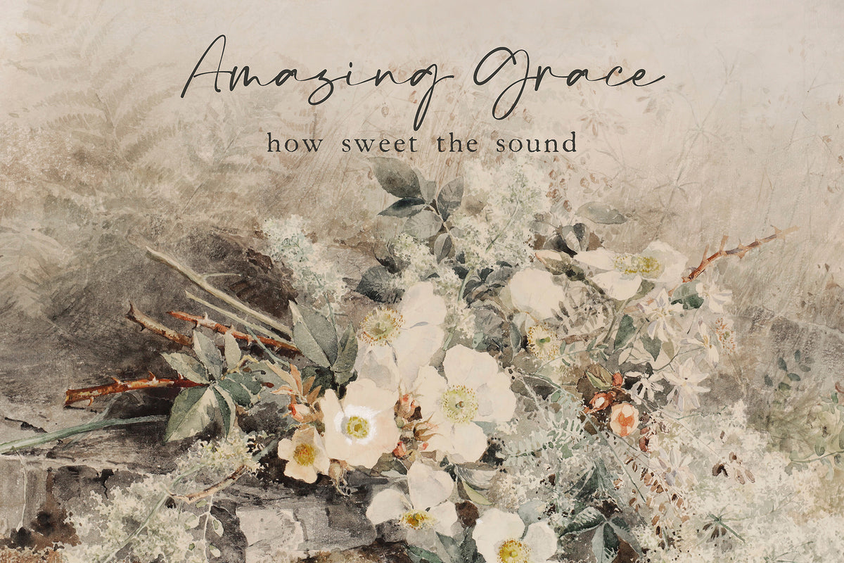 The image is a watercolor painting of a floral arrangement with white flowers and green leaves. The text above the painting reads "Amazing Grace" and below it says "how sweet the sound".