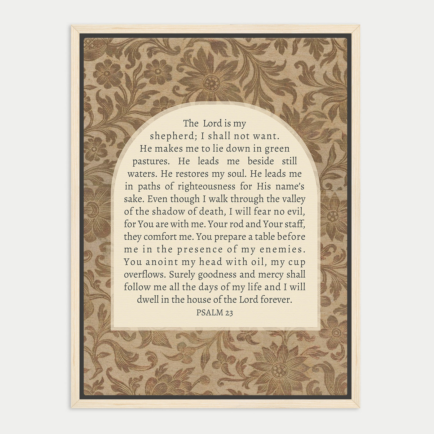 The image is a framed print featuring a religious text, specifically a verse from the Bible, with a floral pattern on the background.