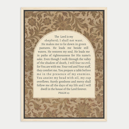 The image is a framed print featuring a religious text, specifically a verse from the Bible, with a floral pattern on the background.