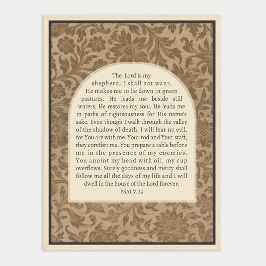 The image is a framed print featuring a religious text, specifically a verse from the Bible, with a floral pattern on the background.