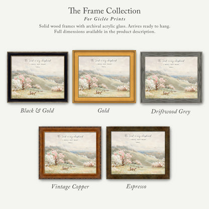 The image is a collection of five framed prints, each with a different color and frame style, showcasing various landscapes and pastoral scenes.