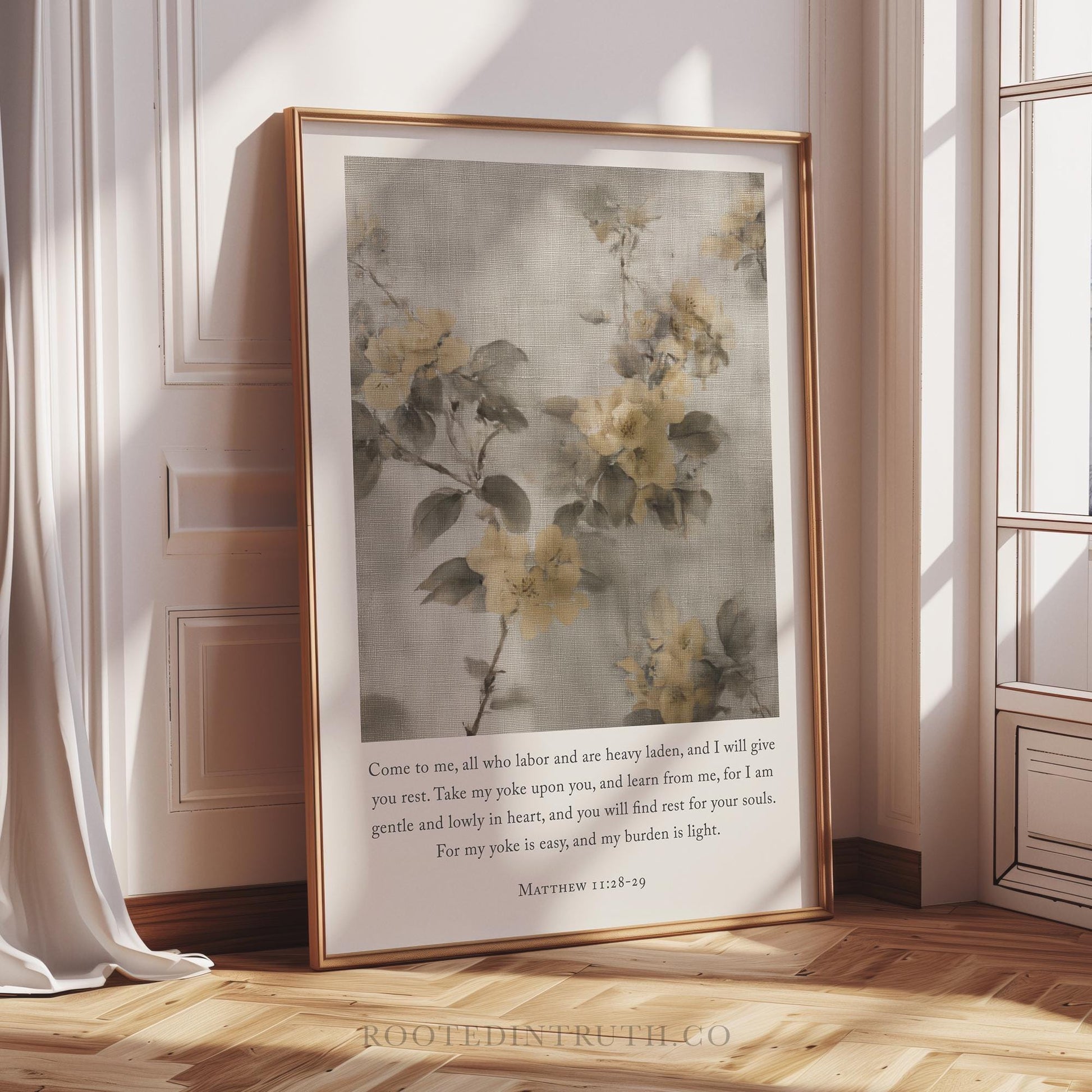 a framed print of a floral painting on a wall, with a text overlay that reads "Come to me, all who labor and are heavy laden, I will give you rest. Take my youth upon you, and learn from me. I am gentle and lovely in heart, and I will hold you in my arms. For my sake and my survival is light."