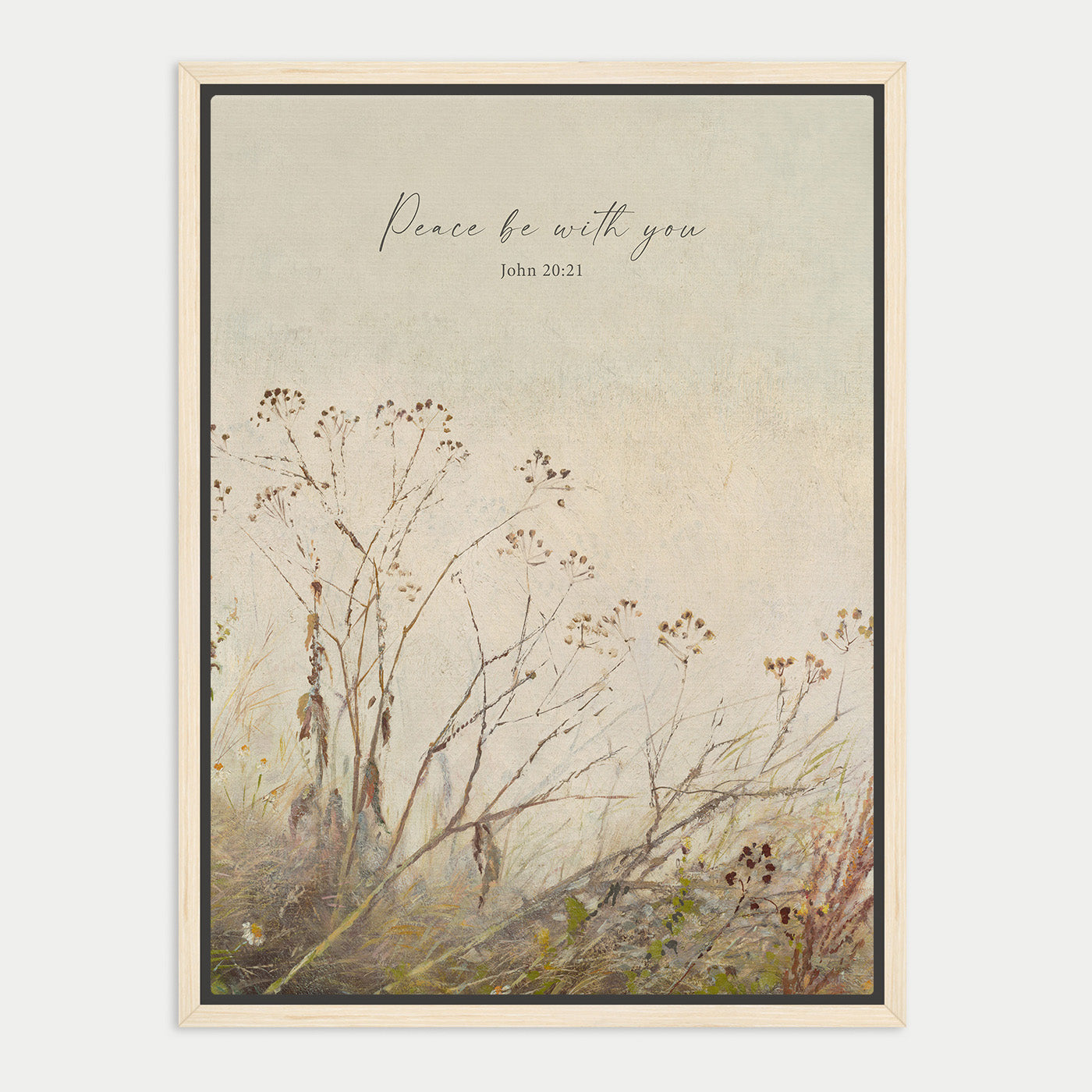 The image is a framed print featuring a serene landscape with a field of tall grass and dried flowers. The text "Peace be with you" is written above the image, and the Bible verse "John 20:21" is also present.