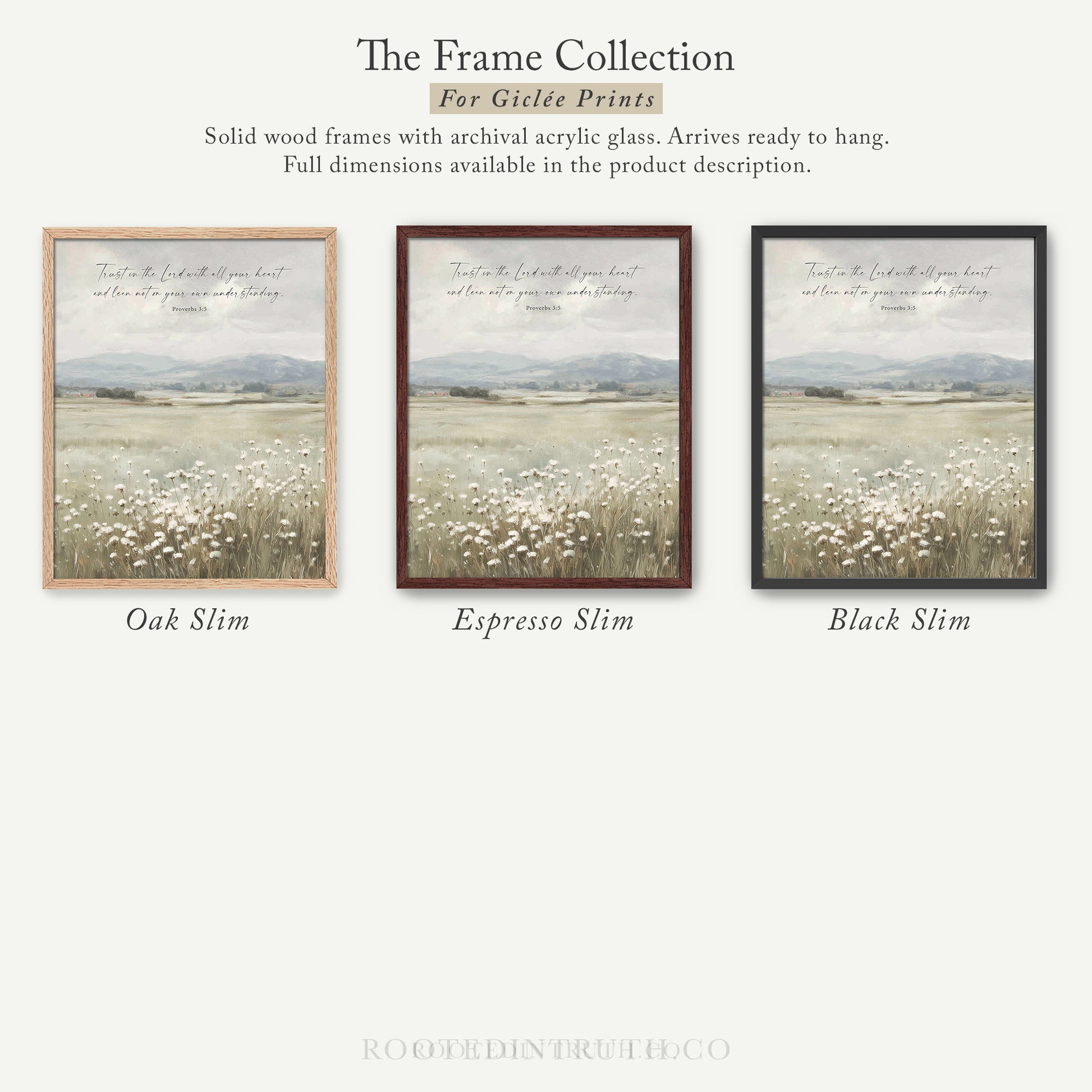 The image is a collection of three framed prints, each depicting a different landscape scene. The prints are solid wood frames with archival acrylic glass, which are ready to hang. The full dimensions of the prints are available in the product description.