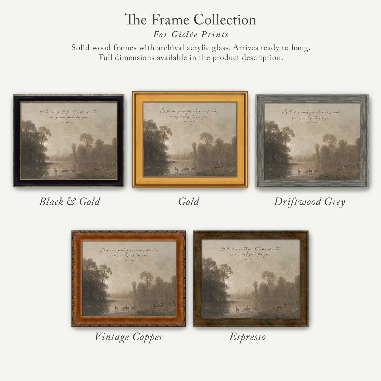 The image is a collection of five framed prints, each with a different color and frame style, showcasing various artistic interpretations of a landscape scene.