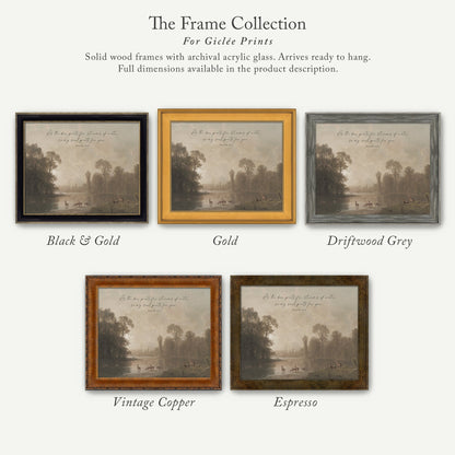 The image is a collection of five framed prints, each with a different color and frame style, showcasing various artistic interpretations of a landscape scene.