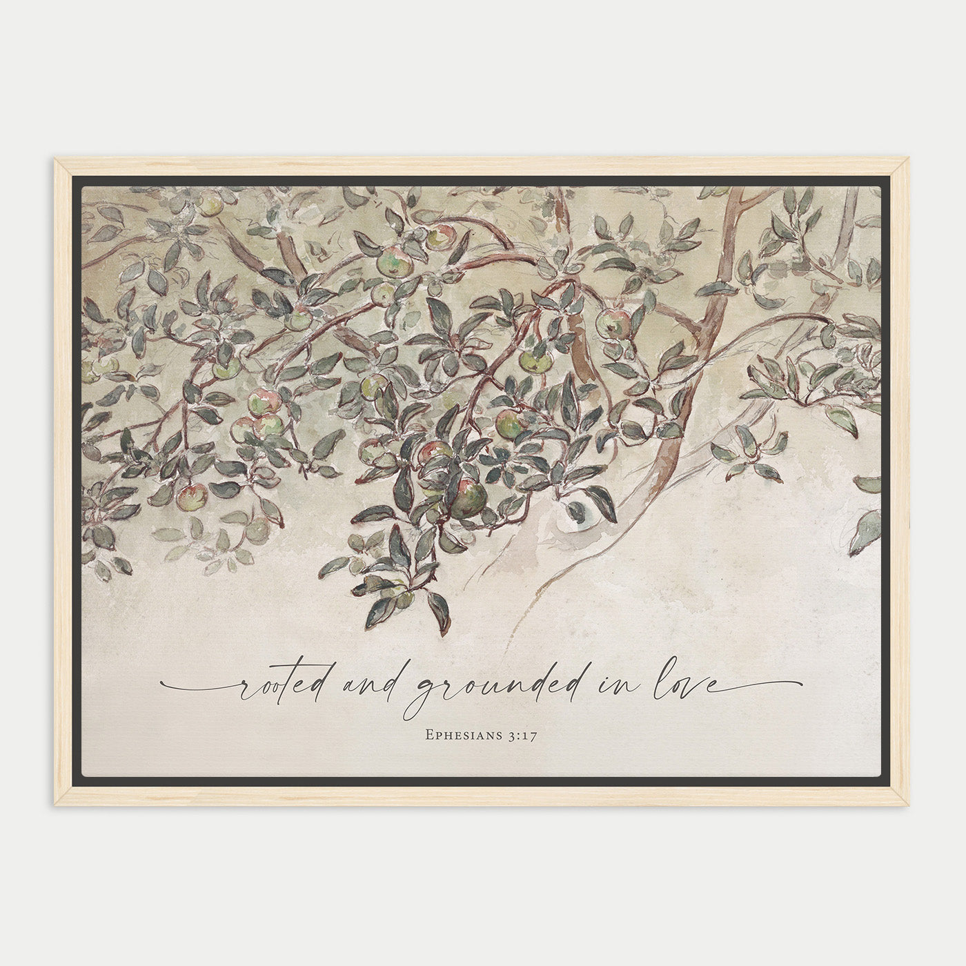 The image is a framed print featuring a detailed illustration of a tree with lush foliage and branches. The text "rooted and grounded in love" is written in cursive below the image, and the Bible verse "Ephesians 3:17" is also present.