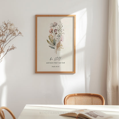 a framed print of a floral design hanging on a wall, with a quote from Psalm 19:1 below it.