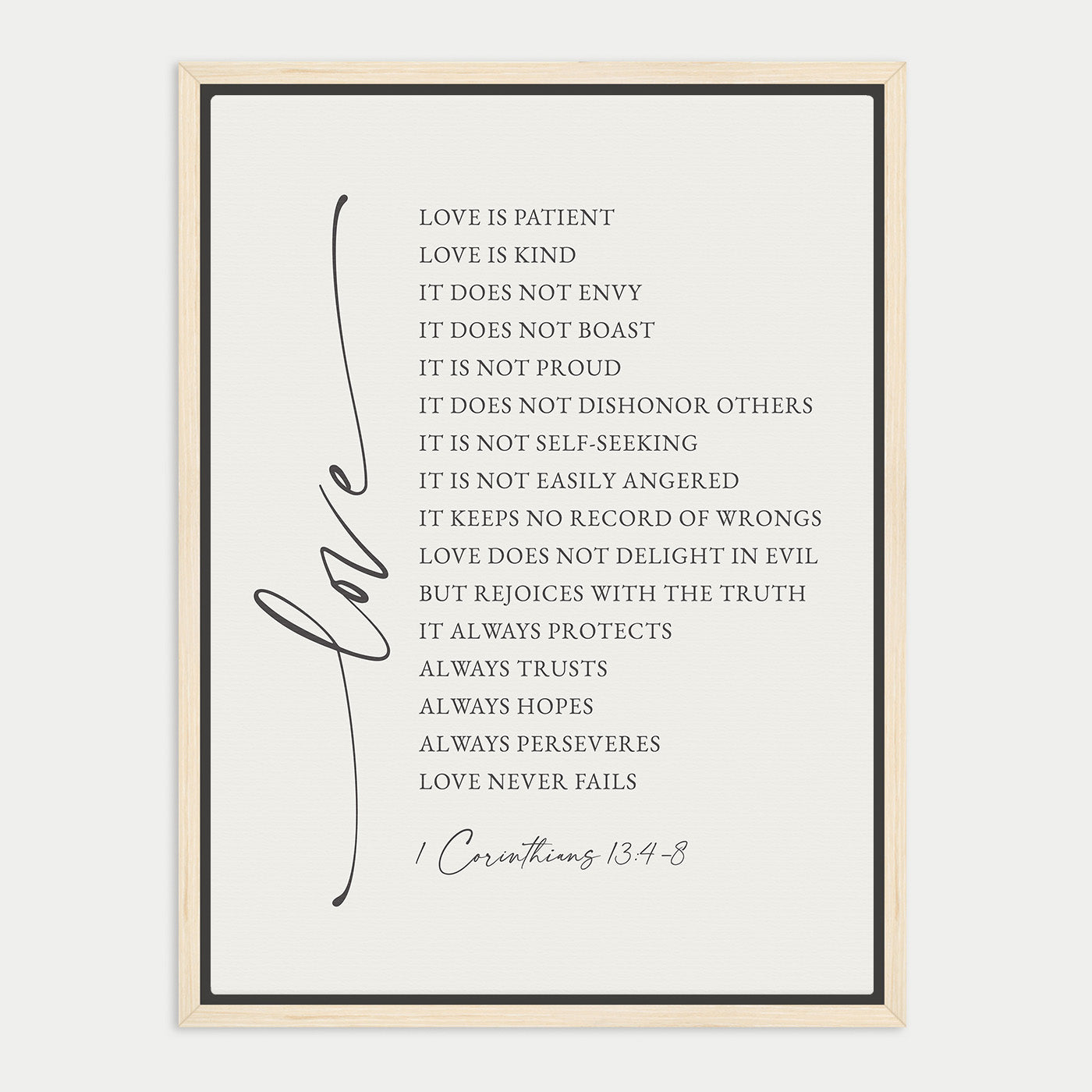The image is a framed print featuring a list of Bible verse references, specifically from 1 Corinthians 13:8.