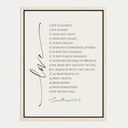 The image is a framed print featuring a list of Bible verse references, specifically from 1 Corinthians 13:8.