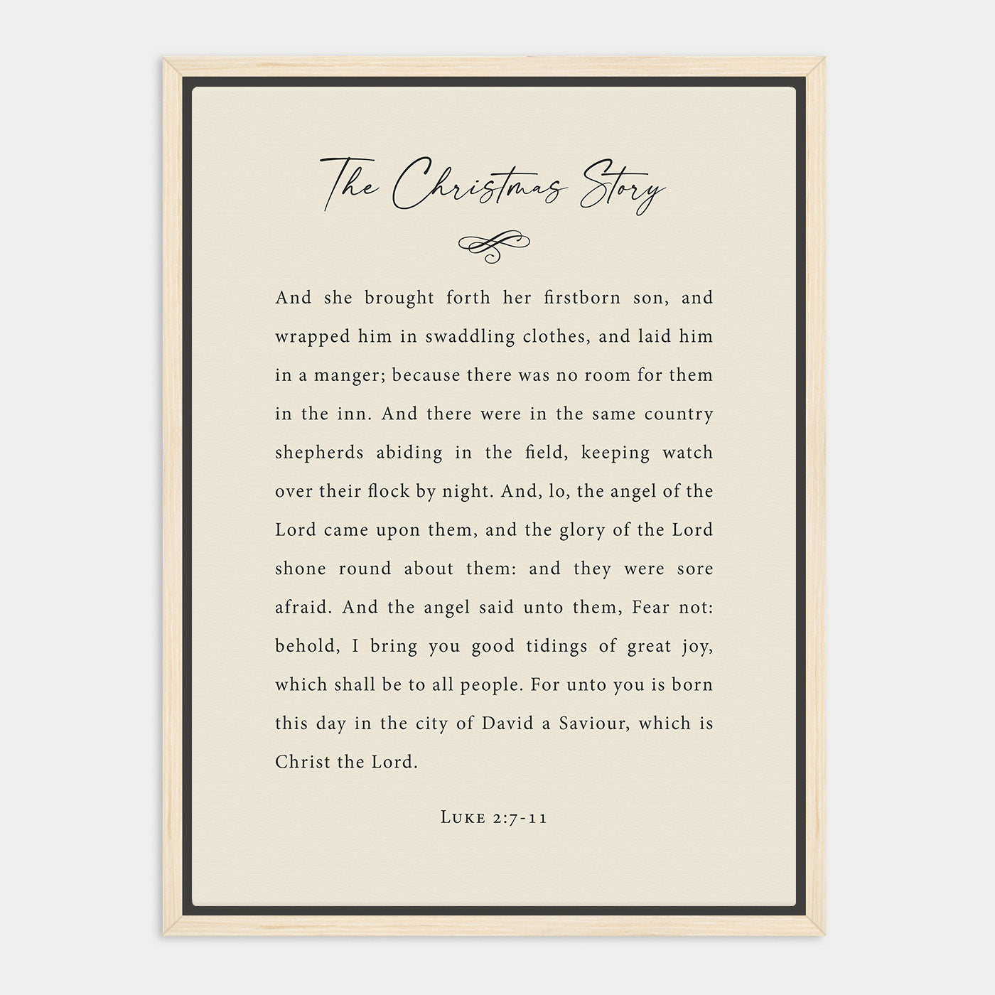 The image is a framed text titled "The Christmas Story" with a black border and white background.