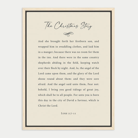 The image is a framed text titled "The Christmas Story" with a black border and white background.