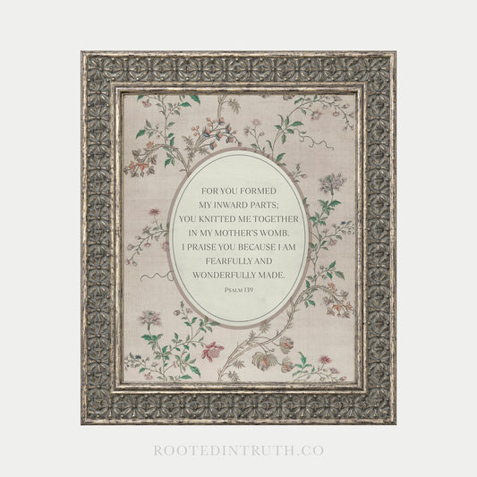 The image is a framed print featuring a floral design with a quote from the Bible verse Psalm 139.