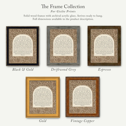 a collection of five framed prints, each with a different color and frame style, arranged in a row. The text on the prints is too small to read clearly, so I cannot provide a detailed description of the content.