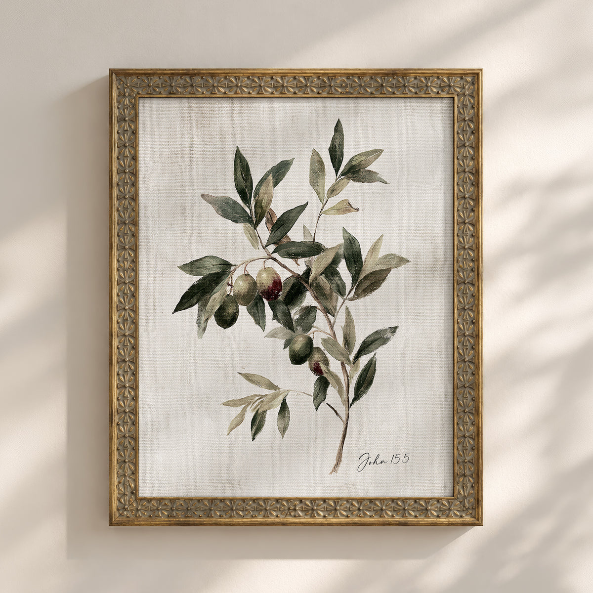 The image is a framed print depicting a branch with green leaves and two green olives.