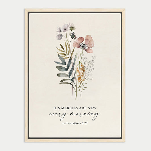 The image is a framed print featuring a floral illustration with the text "His Mercies are new every morning" and a Bible verse reference.