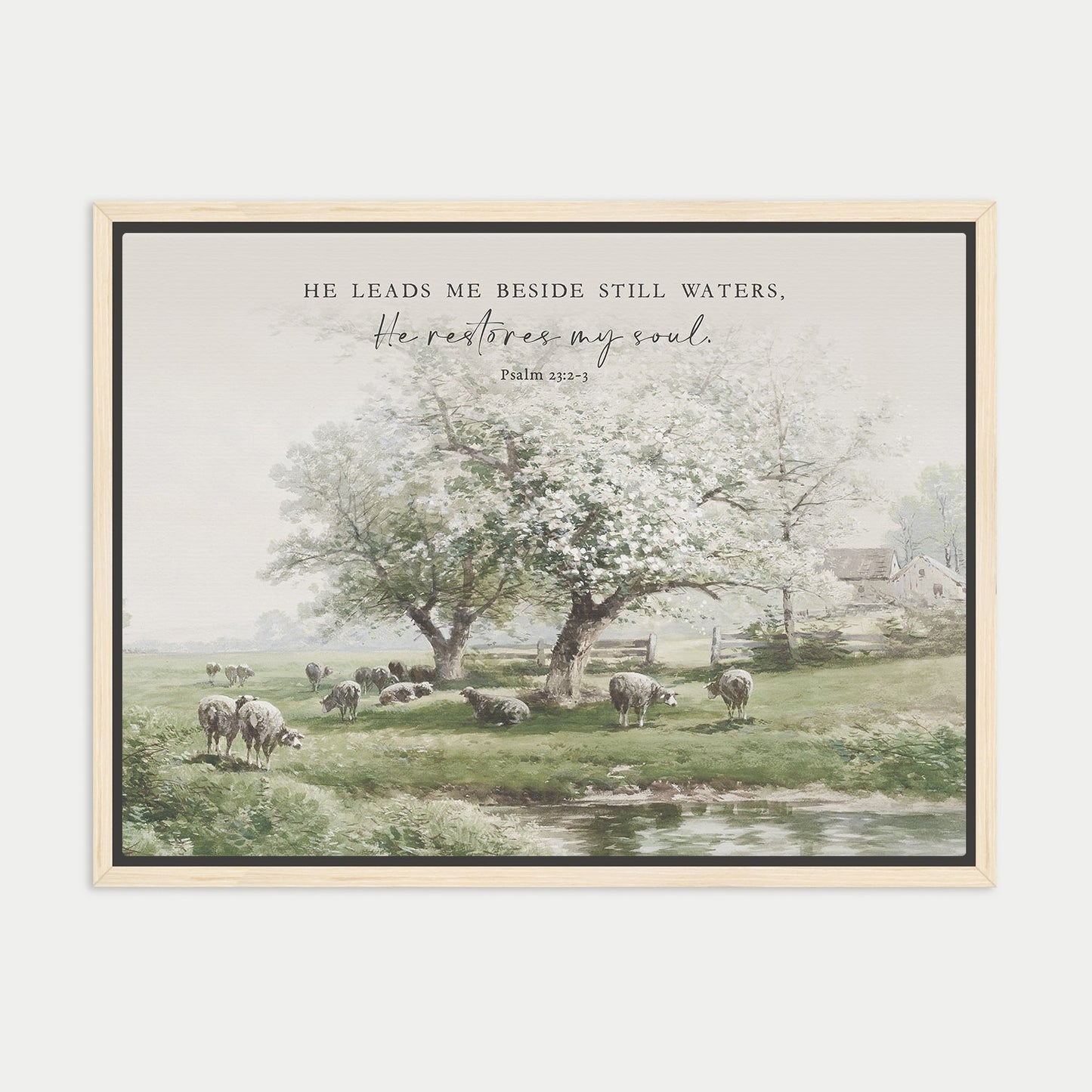 a pastoral scene with a group of sheep grazing in a grassy field near a stream.