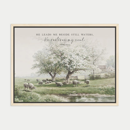 a pastoral scene with a group of sheep grazing in a grassy field near a stream.