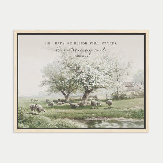 a pastoral scene with a group of sheep grazing in a grassy field near a stream.