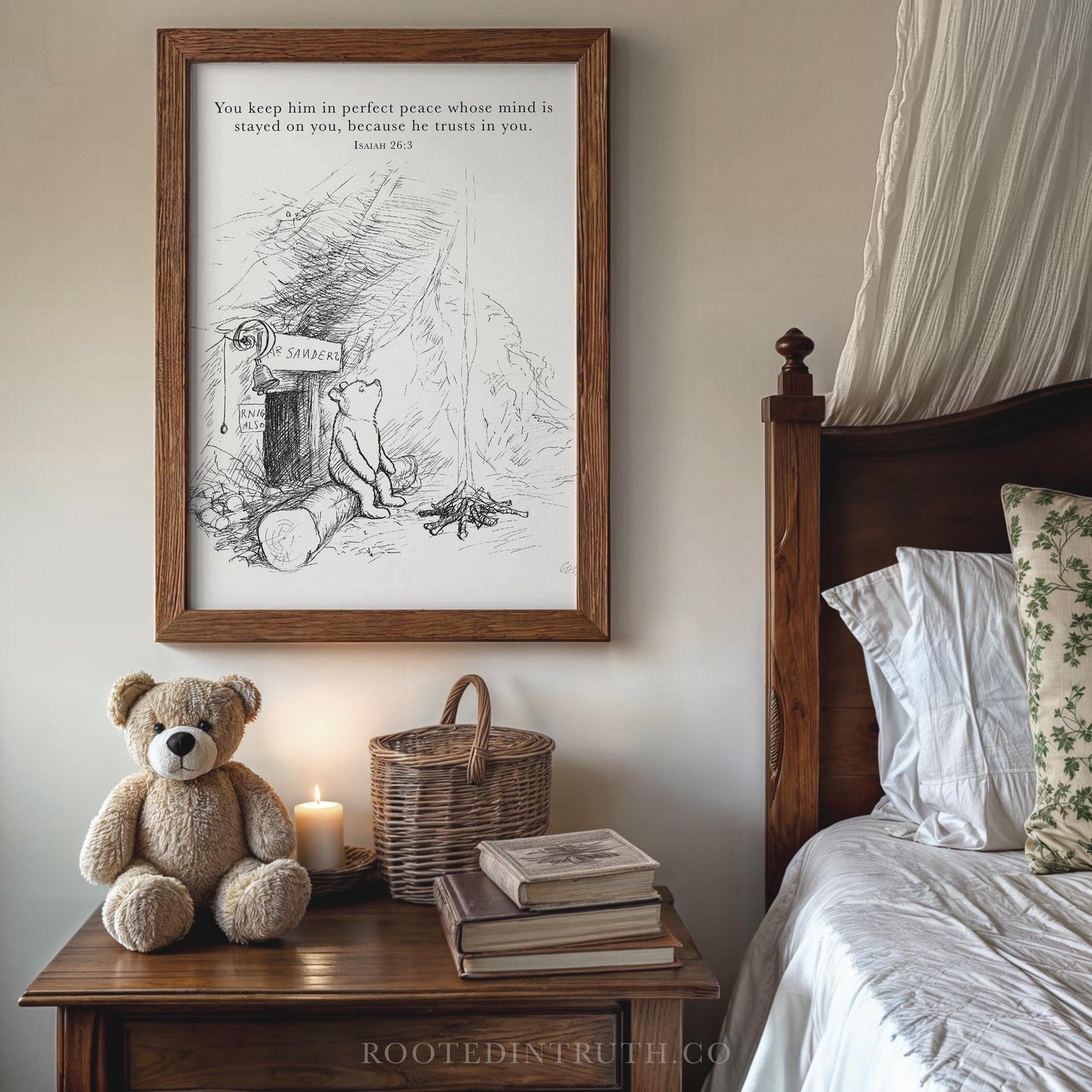 a bedroom scene with a framed illustration of a bear and a log cabin, a teddy bear sitting on a wooden nightstand, and a stack of books.