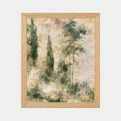 The image is a framed painting depicting a serene landscape with trees and foliage in a natural, earthy color palette.