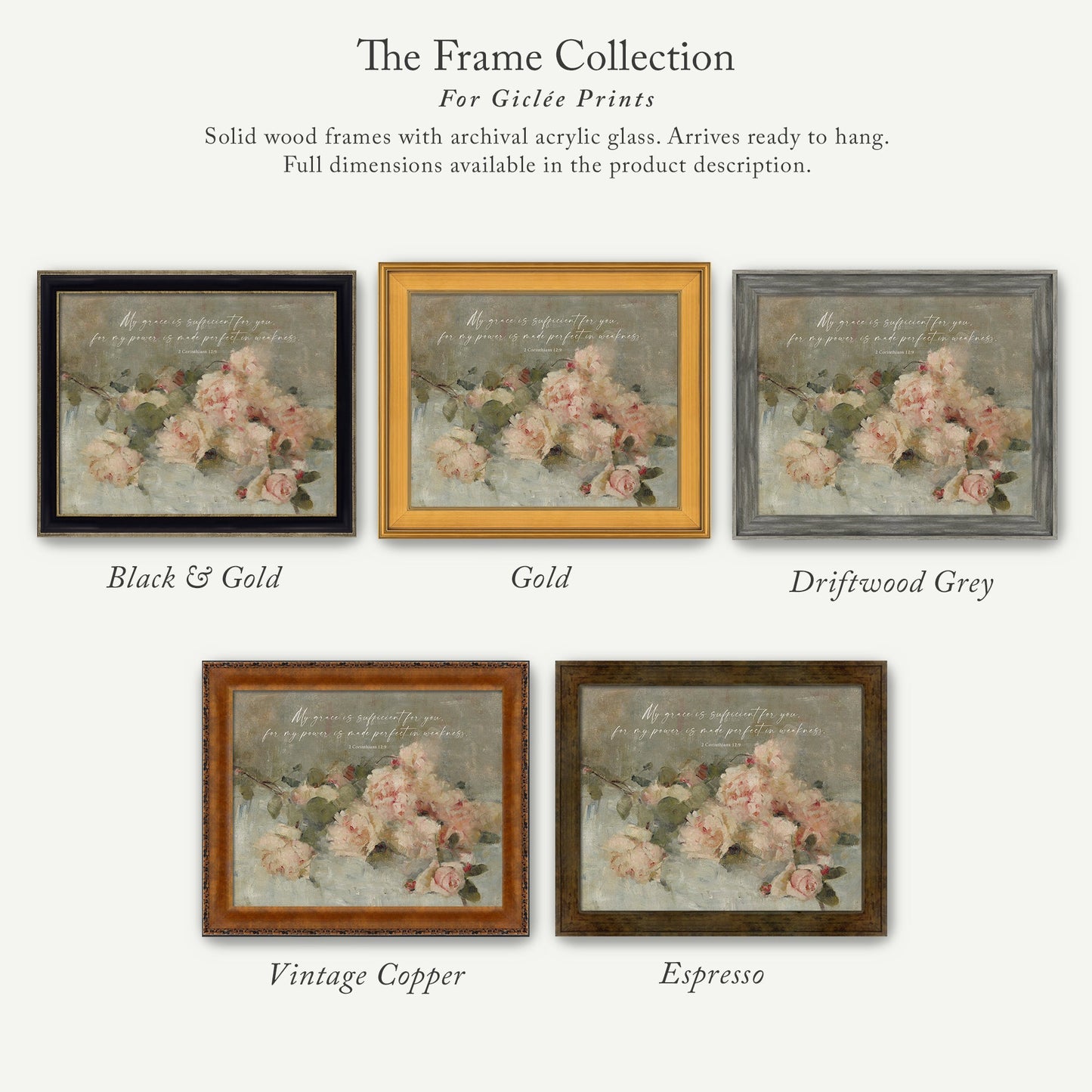 The image is a collection of five framed prints, each with a different color and frame style, showcasing the variety of options available for purchasing or displaying artwork.