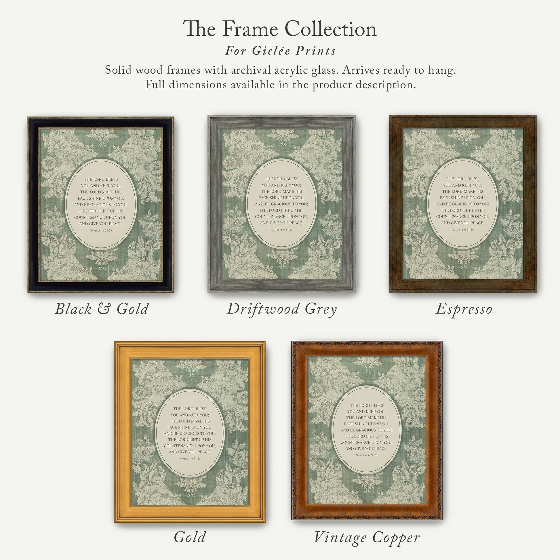 a collection of five framed prints, each with a different color and frame style, arranged in a row. The text above the images reads "The Frame Collection For Girlette Prints".