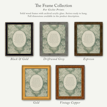 a collection of five framed prints, each with a different color and frame style, arranged in a row. The text above the images reads "The Frame Collection For Girlette Prints".