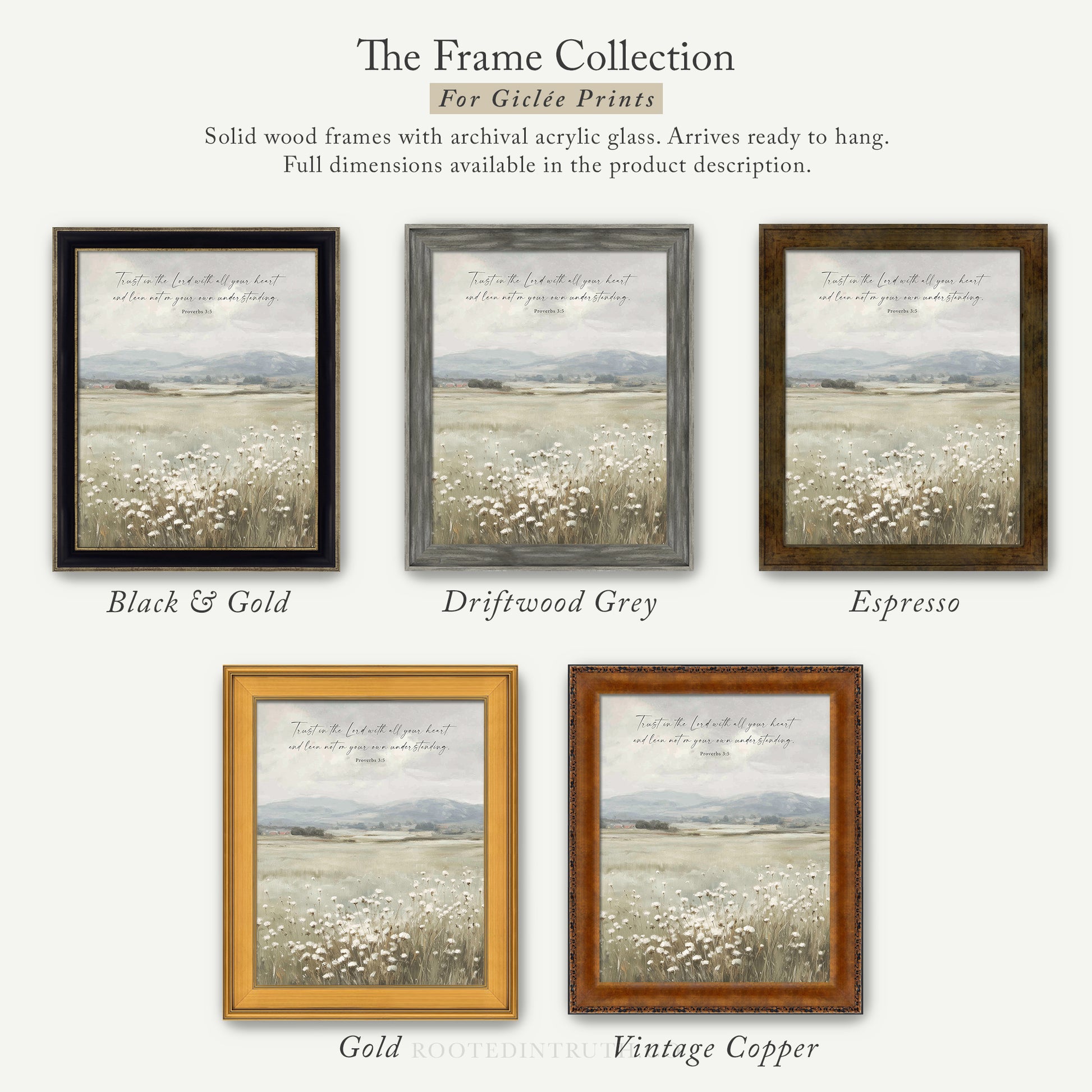 The image is a collage of five framed prints, each with a different color and frame style, showcasing the "The Frame Collection for Girte Prints".