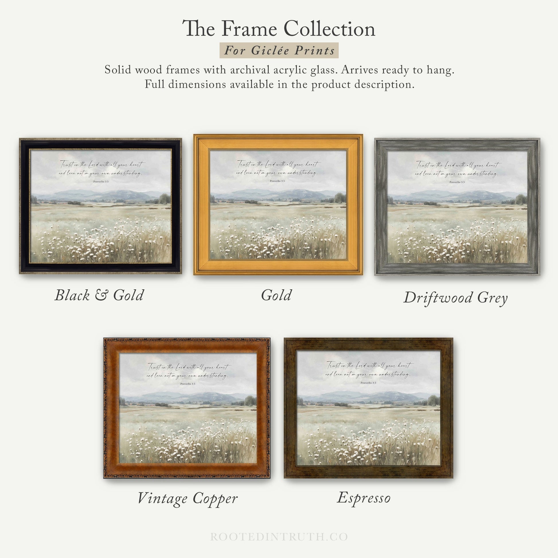 The image is a collection of five framed prints, each with a different color and frame style, showcasing various artistic interpretations of a serene landscape.