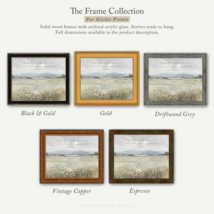 The image is a collection of five framed prints, each with a different color and frame style, showcasing various artistic interpretations of a serene landscape.