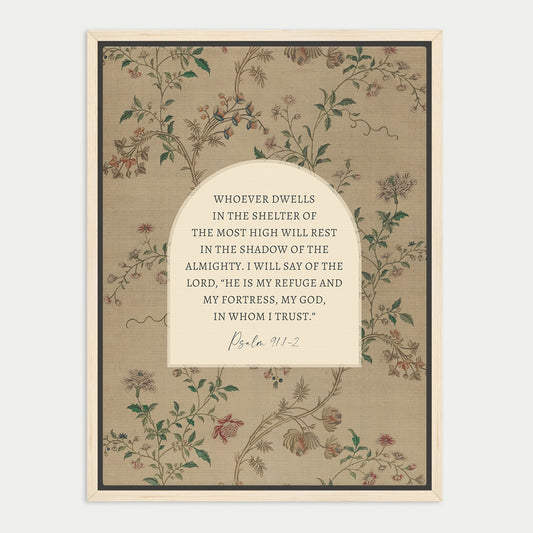 The image is a framed print featuring a floral pattern and a Bible verse from Psalm 11:2.