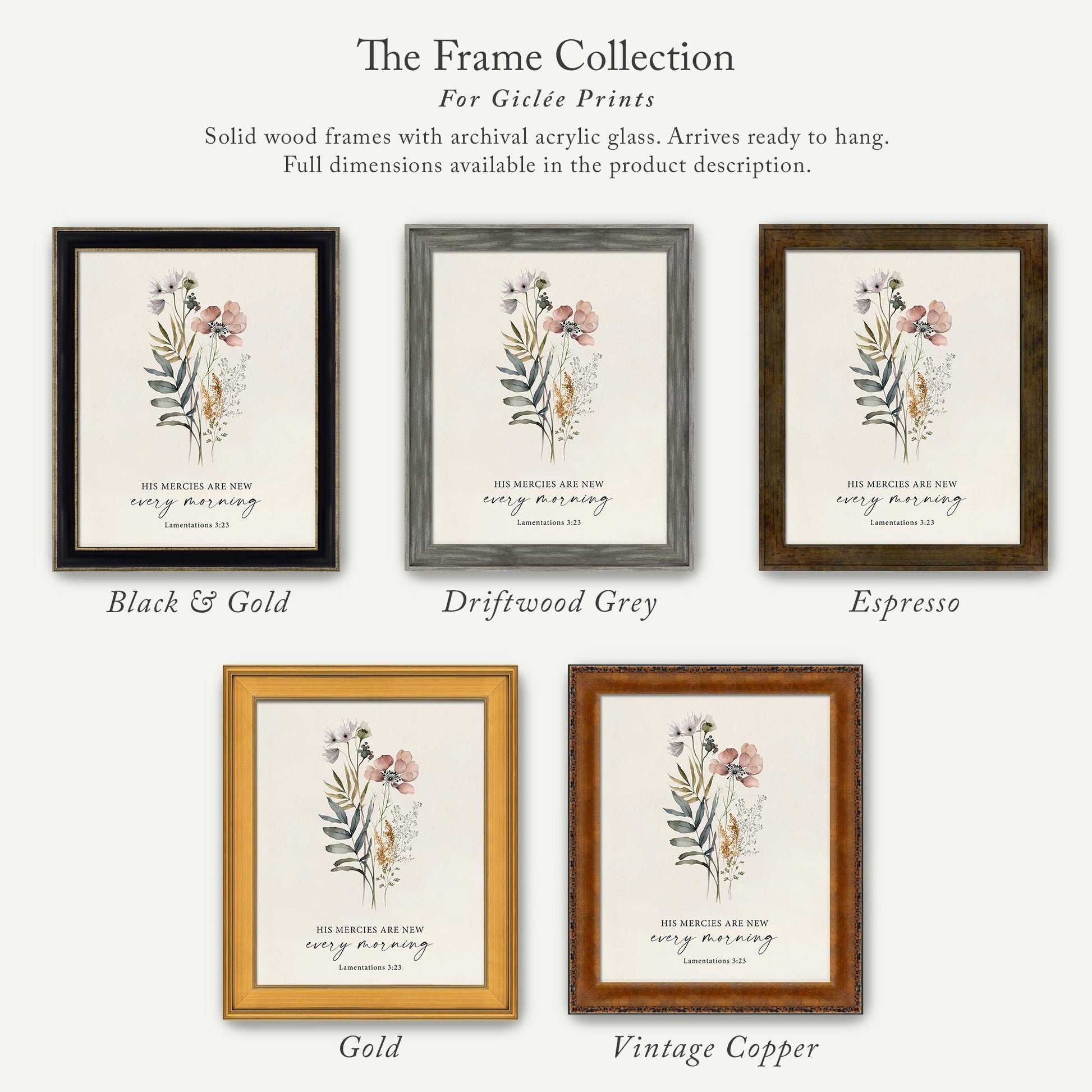 a collection of five framed prints, each with a different color and frame style, arranged in a row. The text above the prints reads "The Frame Collection For Girte Prints".