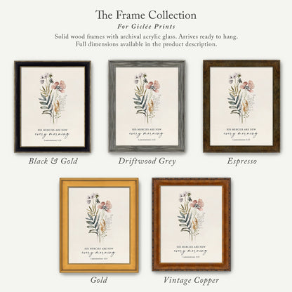 a collection of five framed prints, each with a different color and frame style, arranged in a row. The text above the prints reads "The Frame Collection For Girte Prints".